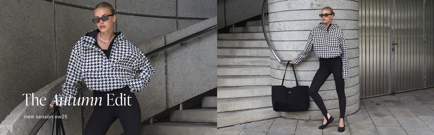 Malli pukeutuneena Pepita Waterproof Anorakiin ja Black Sense Stirrup Tights -housuihin, stailattuna aurinkolaseilla ja Black Waterproof Apparel Tote Bag -laukulla.

